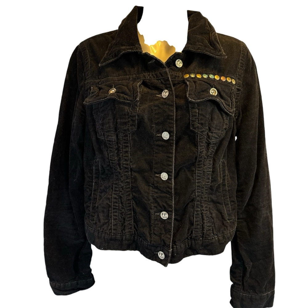 Free People Size M FP309 Black Corduroy Jacket w/Studded Heart